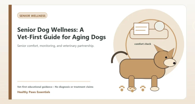 Custom Healthy Paws Essentials illustration for Senior Dog Wellness: A Vet-First Guide for Aging Dogs, showing a dog and a vet-first care planning concept.