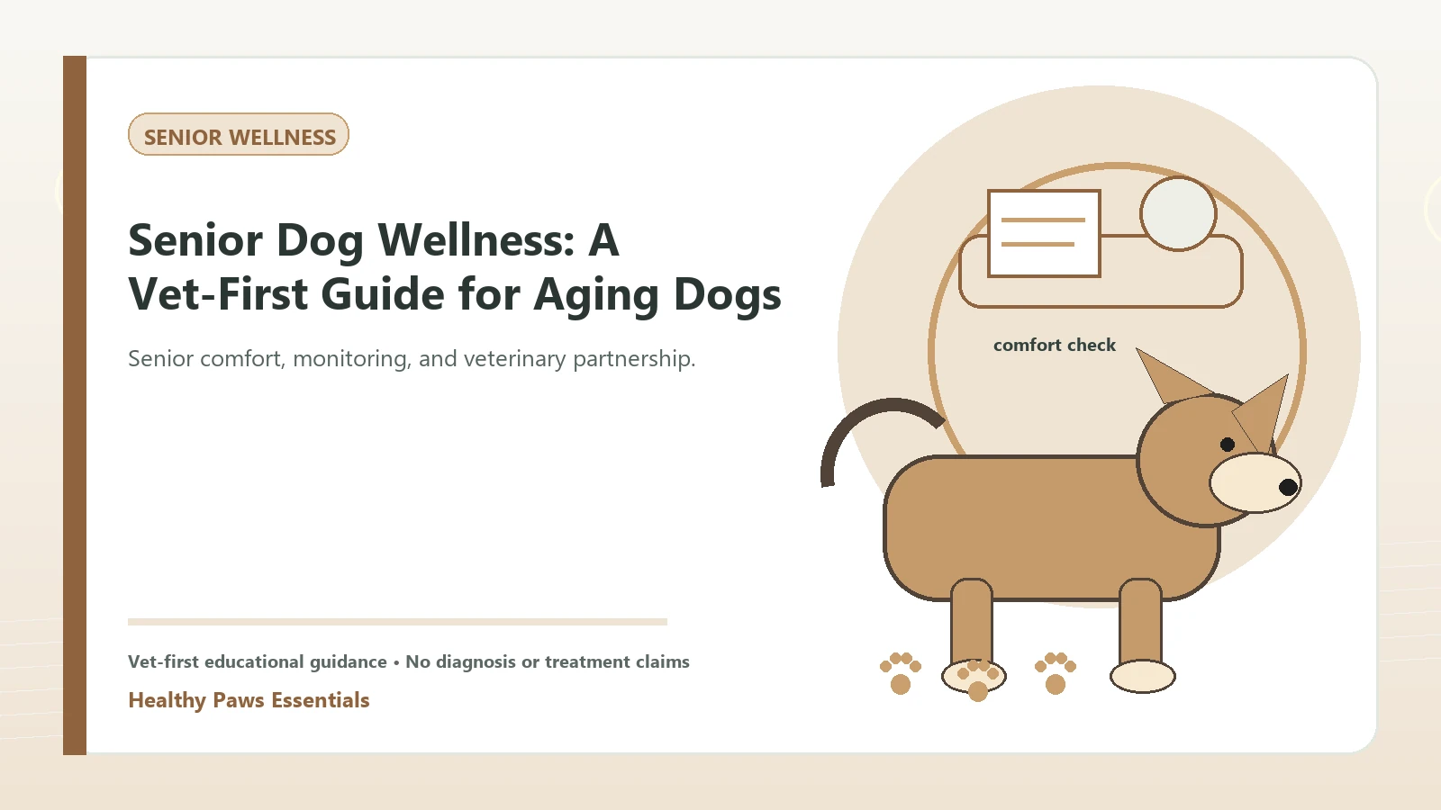 Custom Healthy Paws Essentials illustration for Senior Dog Wellness: A Vet-First Guide for Aging Dogs, showing a dog and a vet-first care planning concept.