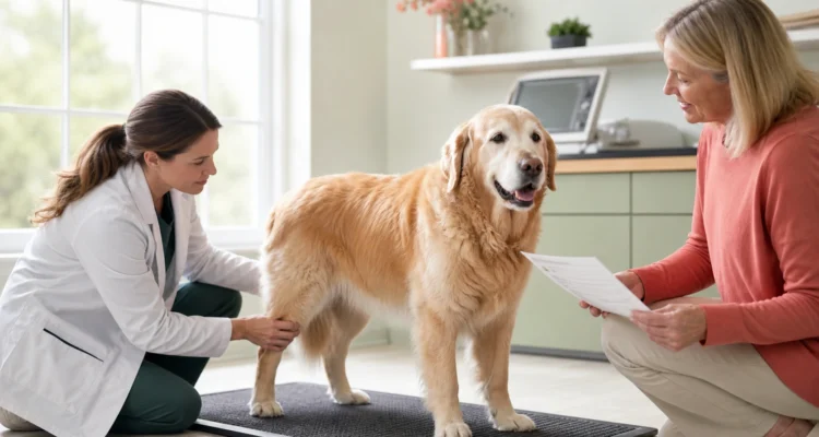 Older golden retriever stands comfortably beside an owner during a bright senior wellness examination with a veterinarian.