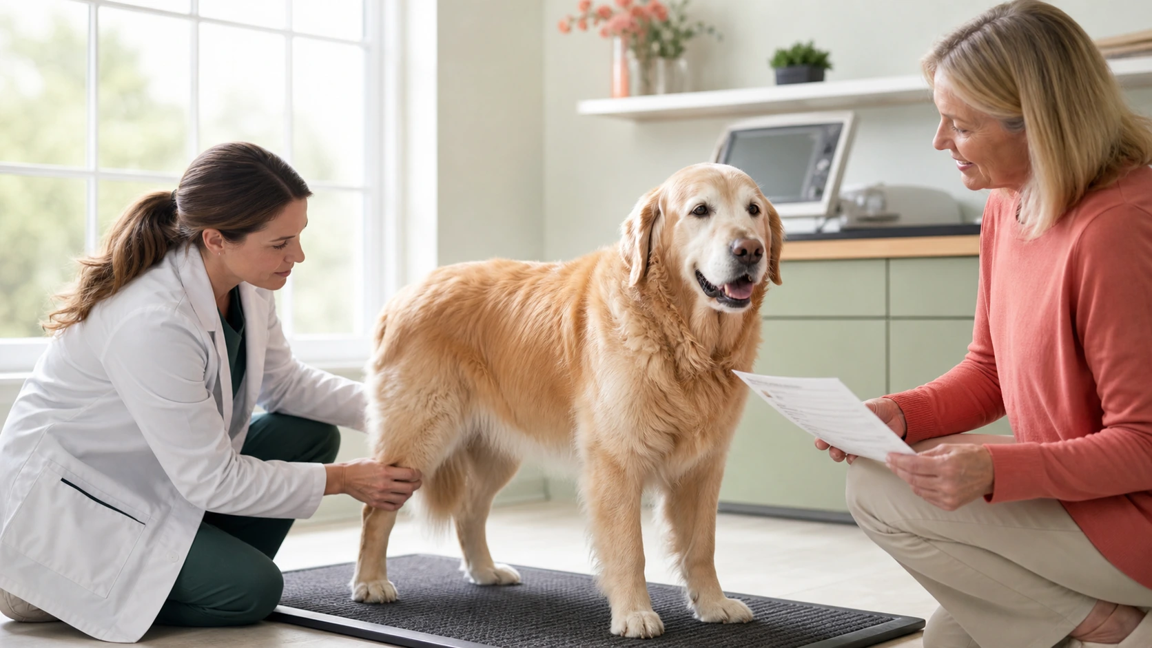Older golden retriever stands comfortably beside an owner during a bright senior wellness examination with a veterinarian.