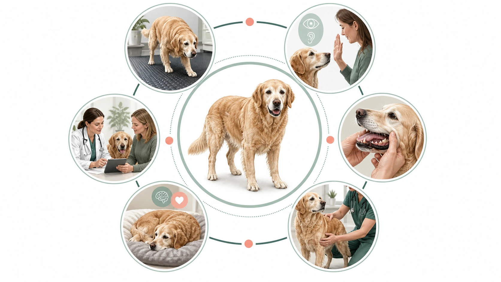 Editorial illustration arranges senior dog wellness into mobility, senses, mouth, nutrition, behavior, and daily comfort observations.