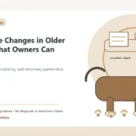 Custom Healthy Paws Essentials illustration for Cognitive Changes in Older Dogs: What Owners Can Observe, showing a dog and a vet-first care planning concept.
