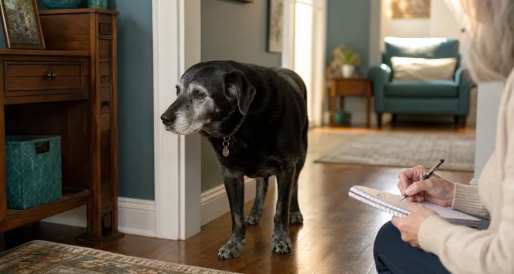 Older black dog pauses at a familiar hallway corner while an owner quietly records the behavior for a veterinary visit.