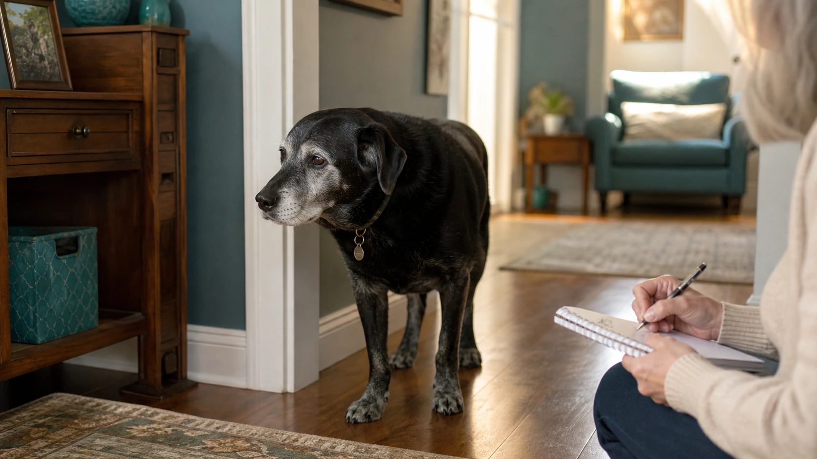 Older black dog pauses at a familiar hallway corner while an owner quietly records the behavior for a veterinary visit.