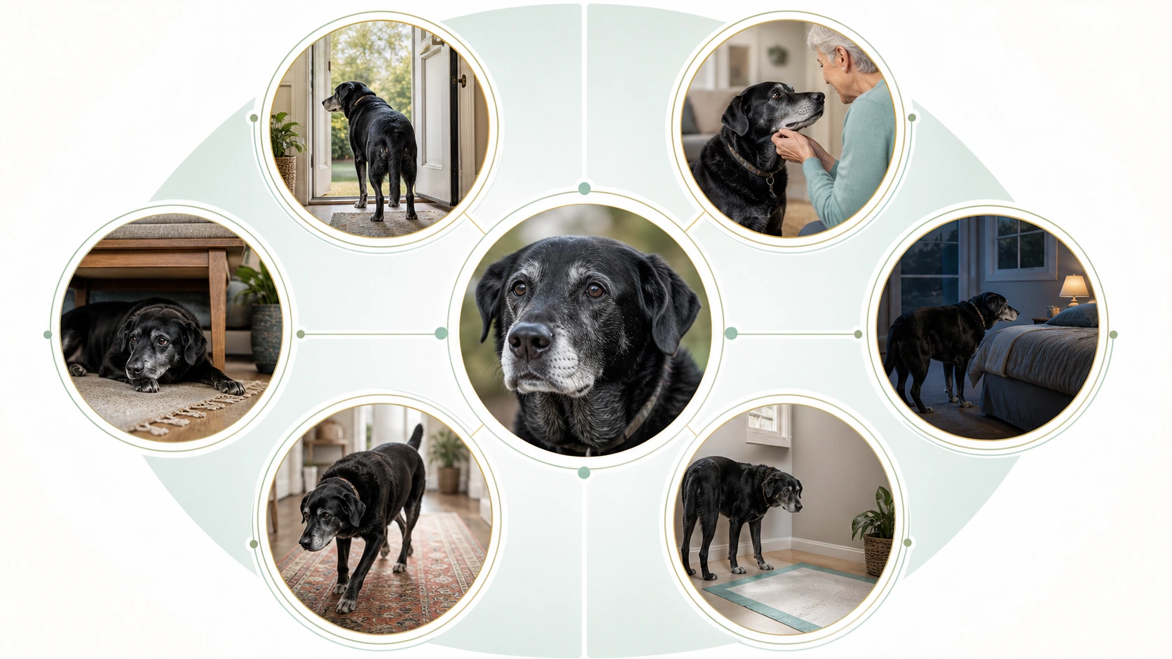 Six-part observation wheel shows orientation, interaction, sleep, housetraining, activity, and anxiety without labeling a diagnosis.