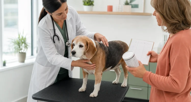Senior beagle stands on a nonslip mat beside a veterinarian who assesses body and muscle condition while the owner holds a diet record.