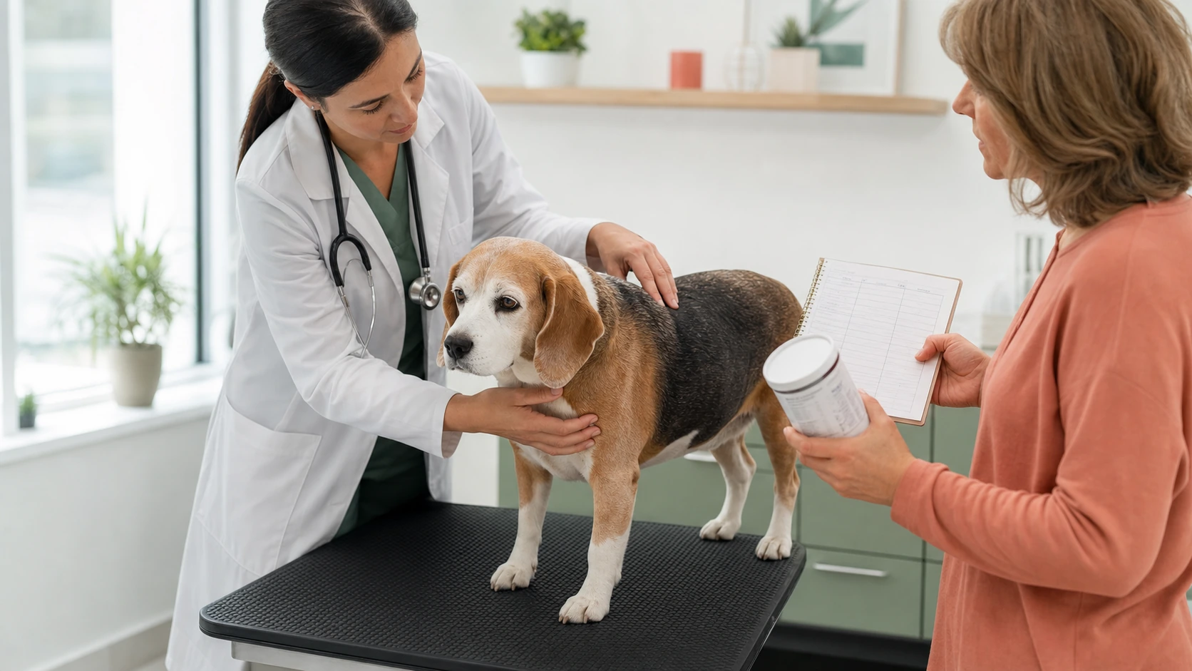 Senior beagle stands on a nonslip mat beside a veterinarian who assesses body and muscle condition while the owner holds a diet record.