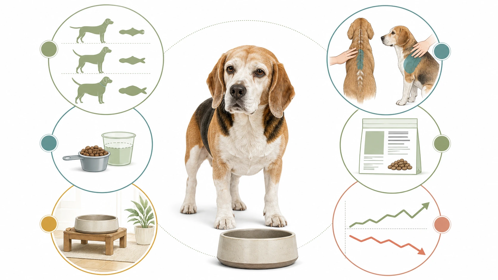 Editorial nutrition dashboard shows body condition, muscle condition, bowl access, diet label, appetite, and weight trend for an older dog.