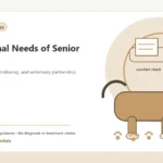 Custom Healthy Paws Essentials illustration for Nutritional Needs of Senior Dogs, showing a dog and a vet-first care planning concept.