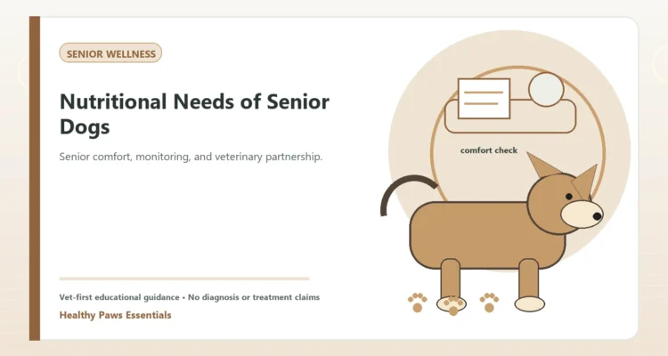 Custom Healthy Paws Essentials illustration for Nutritional Needs of Senior Dogs, showing a dog and a vet-first care planning concept.