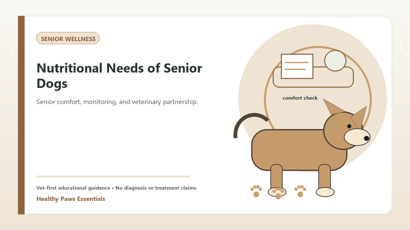 Custom Healthy Paws Essentials illustration for Nutritional Needs of Senior Dogs, showing a dog and a vet-first care planning concept.