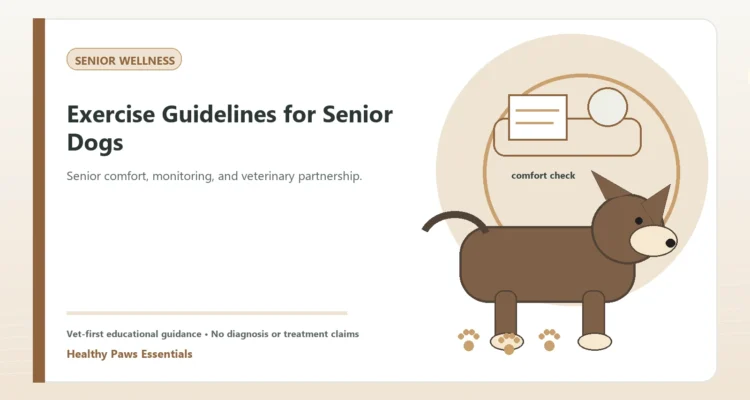 Custom Healthy Paws Essentials illustration for Exercise Guidelines for Senior Dogs, showing a dog and a vet-first care planning concept.