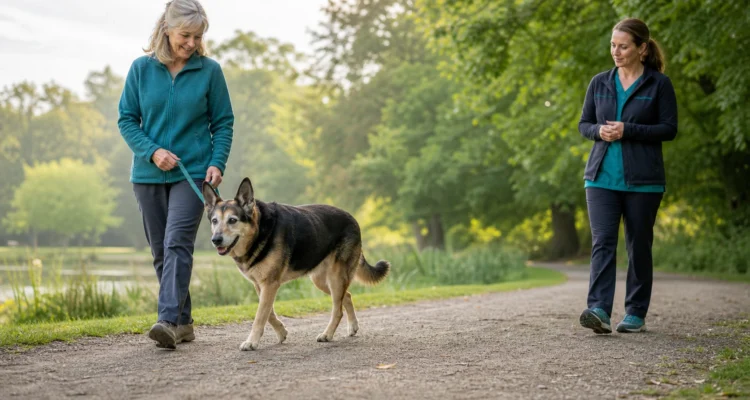 Gray-muzzled shepherd walks at a comfortable pace on a level park path beside an owner while a rehabilitation professional observes.
