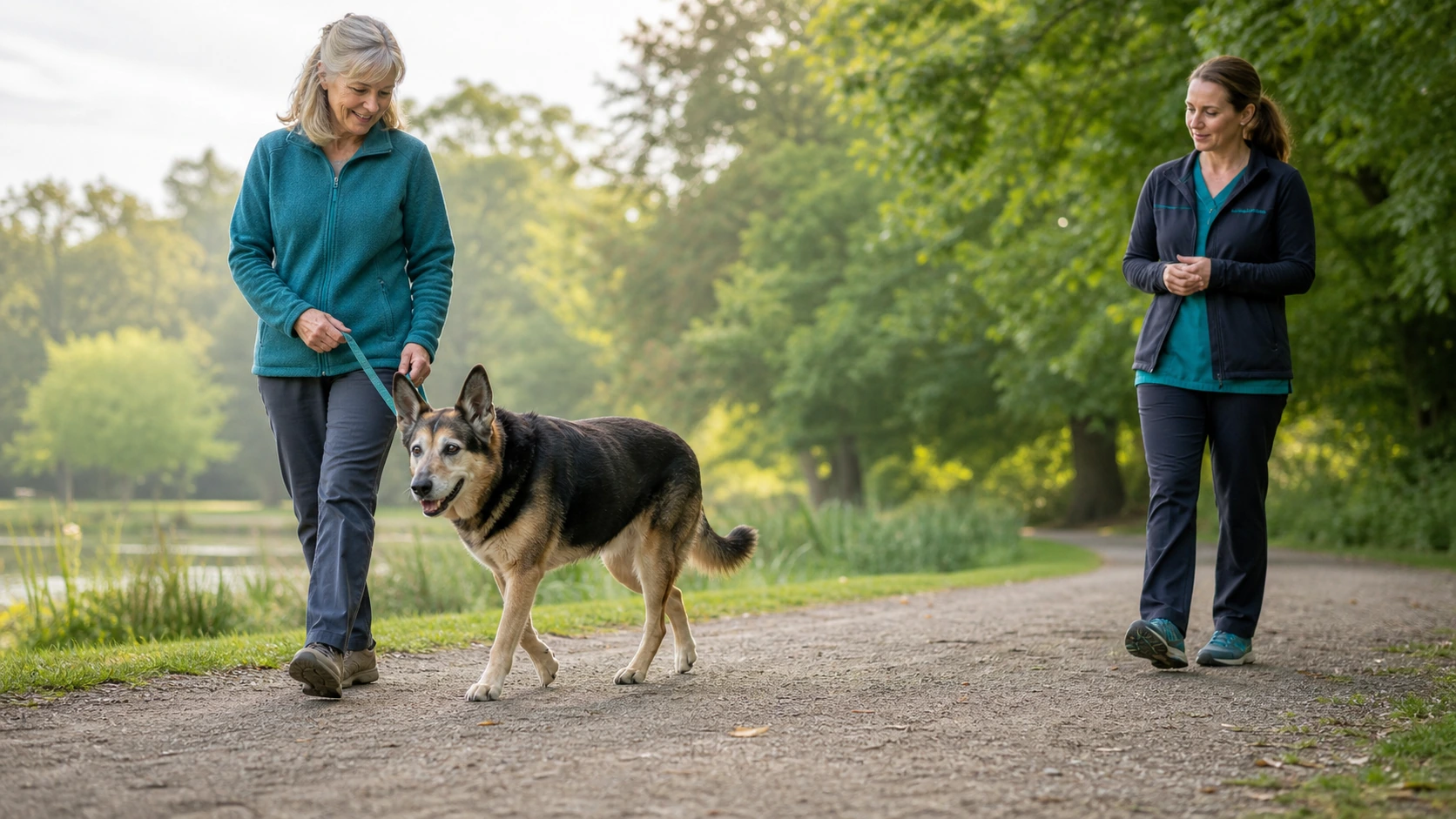 Gray-muzzled shepherd walks at a comfortable pace on a level park path beside an owner while a rehabilitation professional observes.