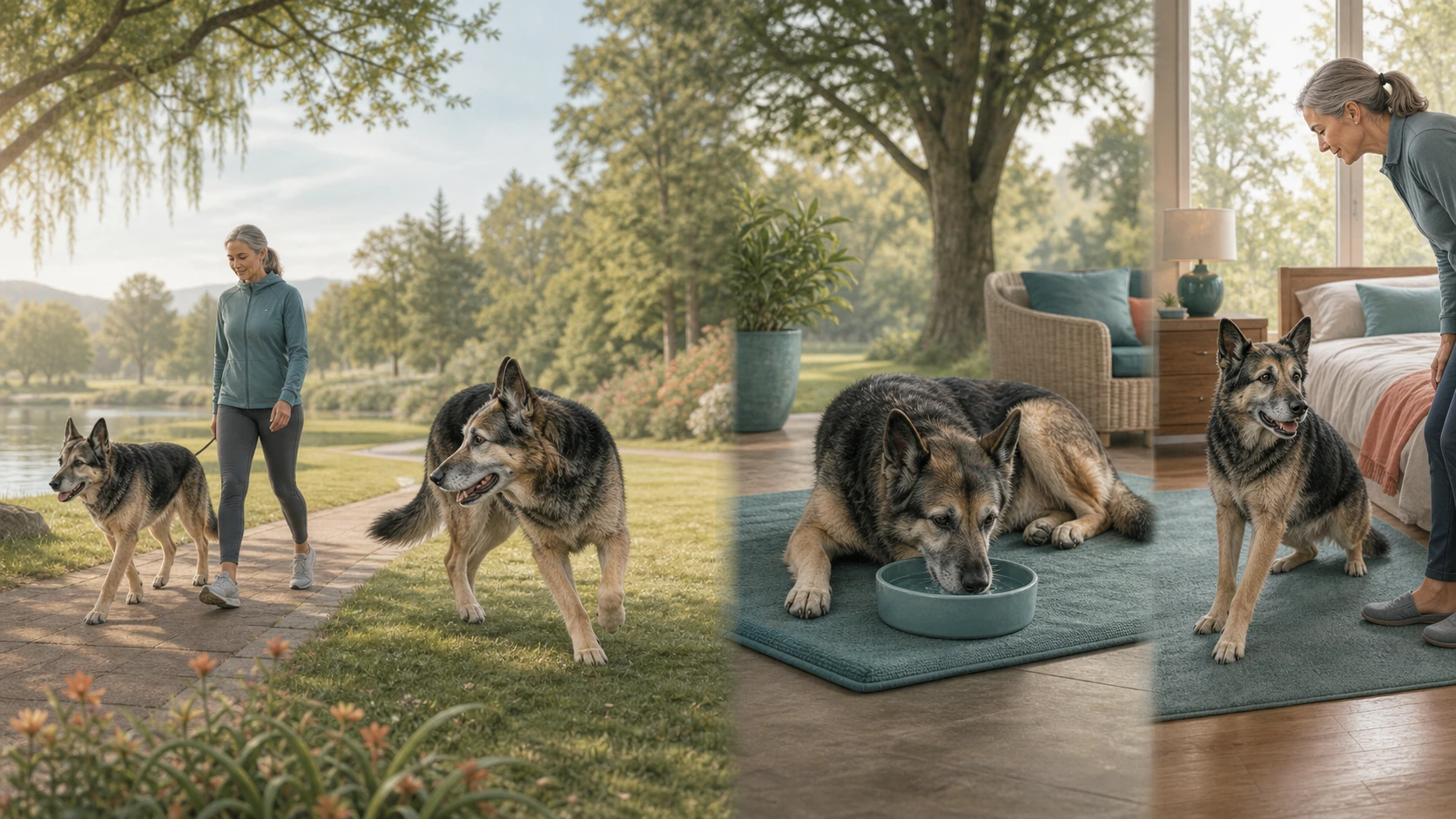 Four-stage senior dog exercise illustration shows warm-up walking, gentle movement, rest and water, and next-day response review.