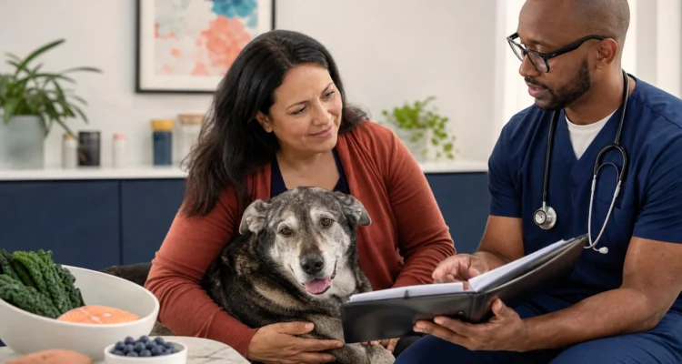 Gray-muzzled dog rests beside an owner and veterinarian reviewing a complete senior nutrition plan rather than a supplement bottle.