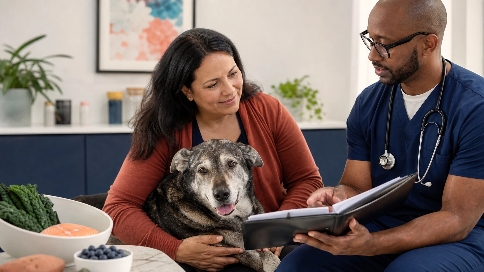 Gray-muzzled dog rests beside an owner and veterinarian reviewing a complete senior nutrition plan rather than a supplement bottle.
