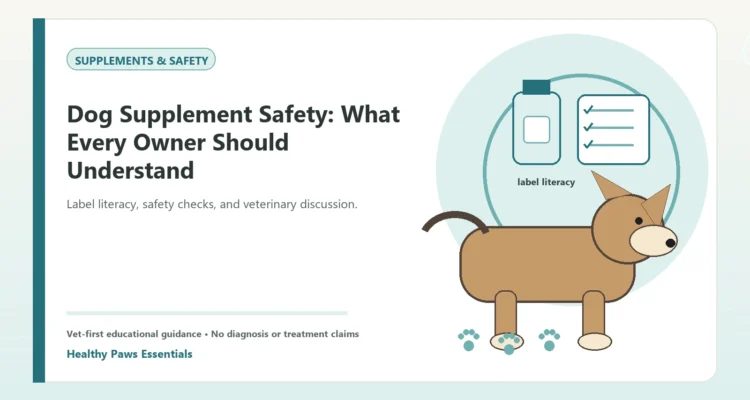 Custom Healthy Paws Essentials illustration for Dog Supplement Safety: What Every Owner Should Understand, showing a dog and a vet-first care planning concept.