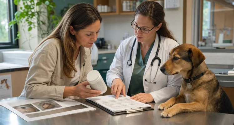 Dog owner reviews a supplement label and medication list with a veterinarian while the dog sits comfortably nearby.
