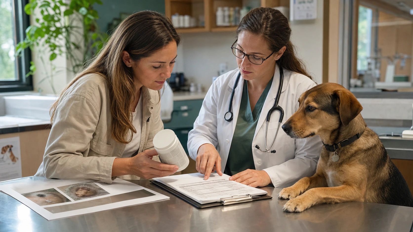 Dog owner reviews a supplement label and medication list with a veterinarian while the dog sits comfortably nearby.