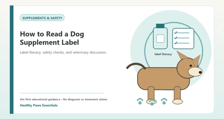 Custom Healthy Paws Essentials illustration for How to Read a Dog Supplement Label, showing a dog and a vet-first care planning concept.