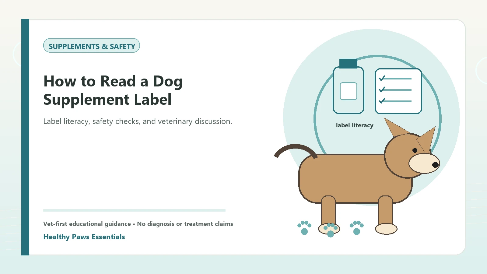 Custom Healthy Paws Essentials illustration for How to Read a Dog Supplement Label, showing a dog and a vet-first care planning concept.