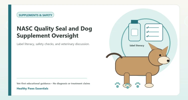 Custom Healthy Paws Essentials illustration for NASC Quality Seal and Dog Supplement Oversight, showing a dog and a vet-first care planning concept.
