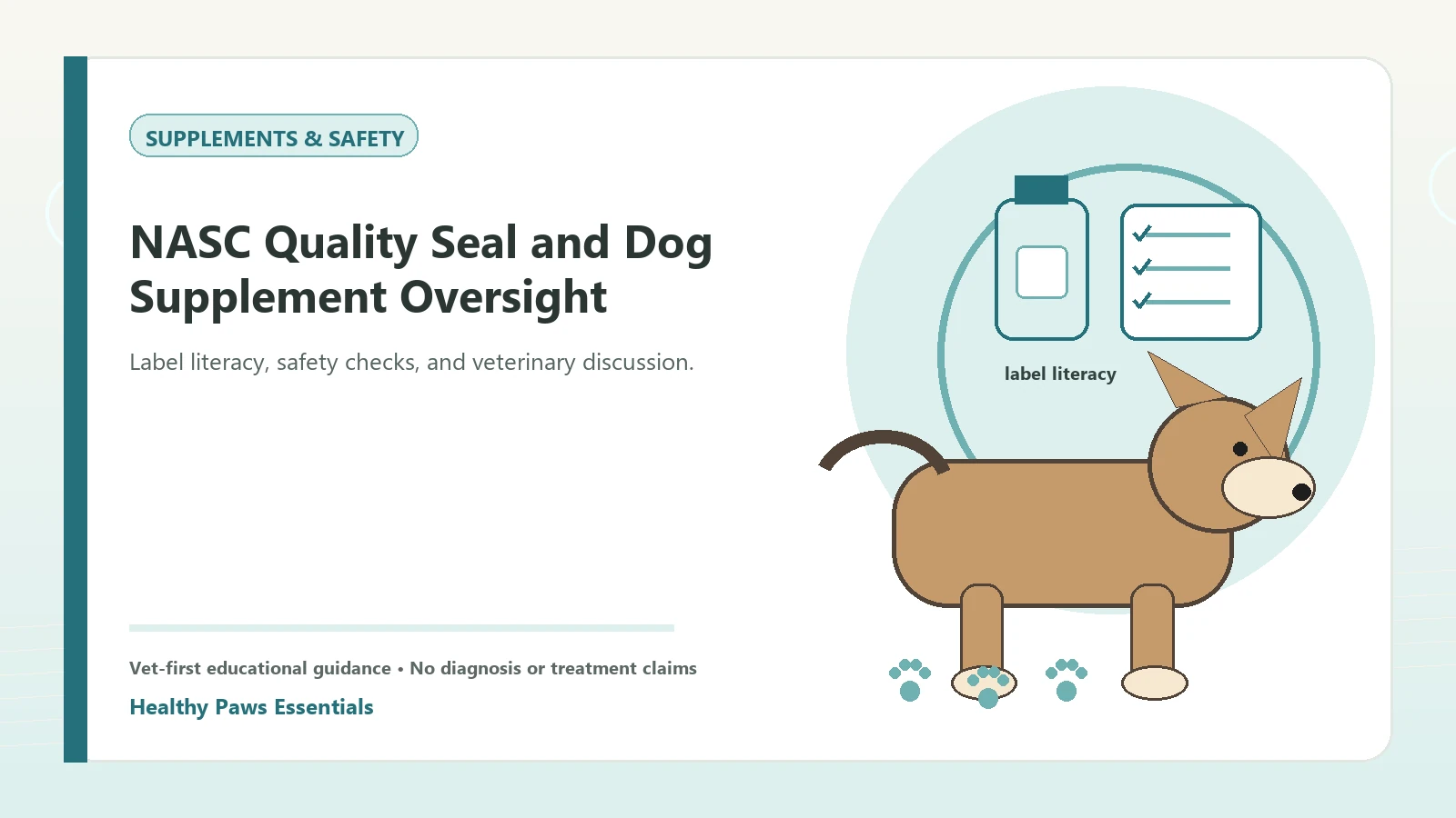 Custom Healthy Paws Essentials illustration for NASC Quality Seal and Dog Supplement Oversight, showing a dog and a vet-first care planning concept.