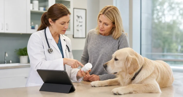 Owner and veterinarian compare a generic quality-program checklist with a dog supplement label without displaying a branded product.