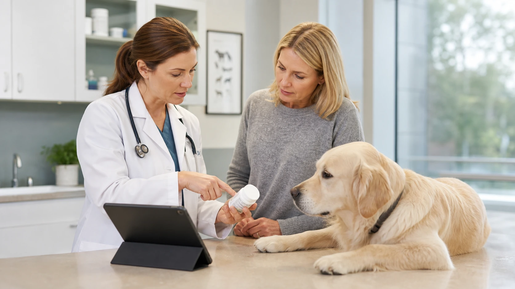 Owner and veterinarian compare a generic quality-program checklist with a dog supplement label without displaying a branded product.