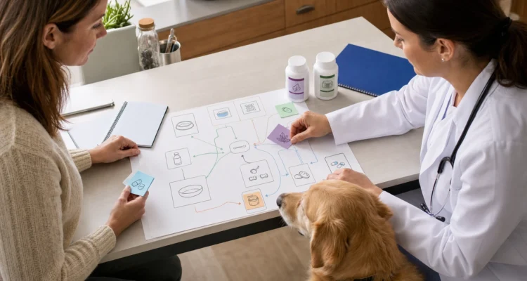 Veterinarian and owner arrange medication, diet, treat, and supplement records into one interaction map beside a calm dog.