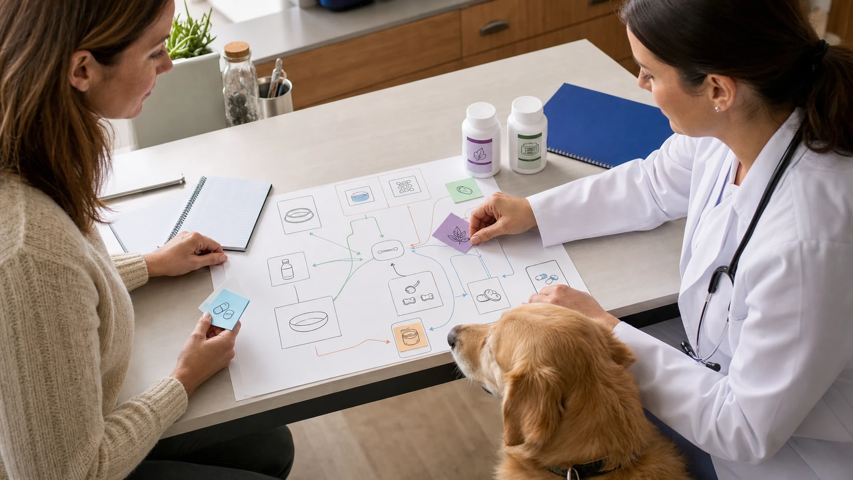 Veterinarian and owner arrange medication, diet, treat, and supplement records into one interaction map beside a calm dog.