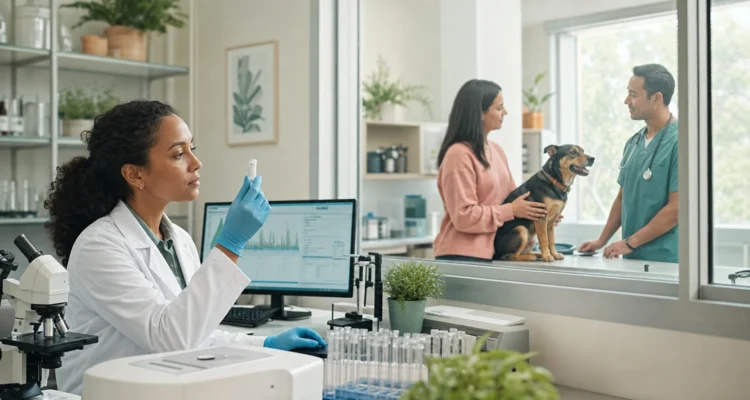 Veterinary scientist reviews a generic dog supplement sample in a bright independent laboratory while an owner observes through glass.