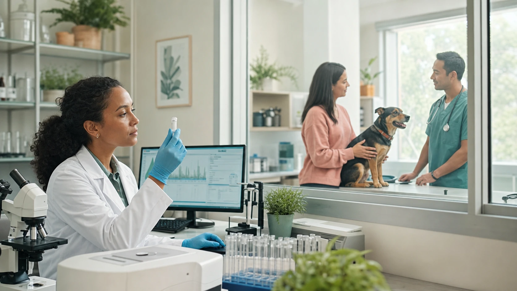 Veterinary scientist reviews a generic dog supplement sample in a bright independent laboratory while an owner observes through glass.