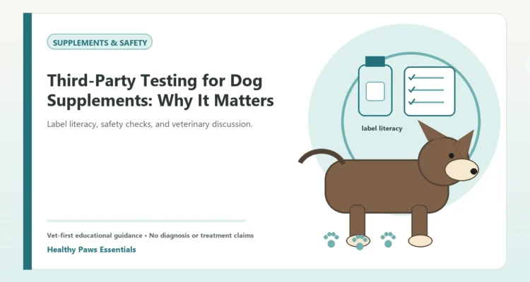 Custom Healthy Paws Essentials illustration for Third-Party Testing for Dog Supplements: Why It Matters, showing a dog and a vet-first care planning concept.
