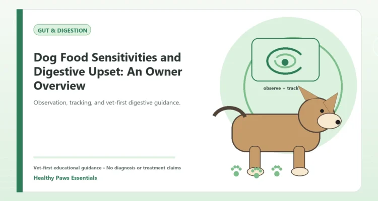 Custom Healthy Paws Essentials illustration for Dog Food Sensitivities and Digestive Upset: An Owner Overview, showing a dog and a vet-first care planning concept.
