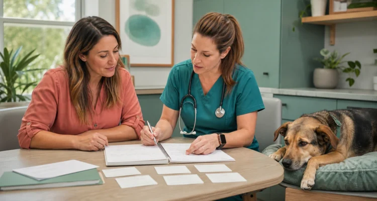 Dog owner and veterinarian review a detailed food and symptom diary beside a relaxed mixed-breed dog in an exam room.