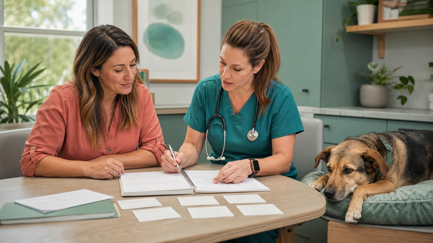Dog owner and veterinarian review a detailed food and symptom diary beside a relaxed mixed-breed dog in an exam room.