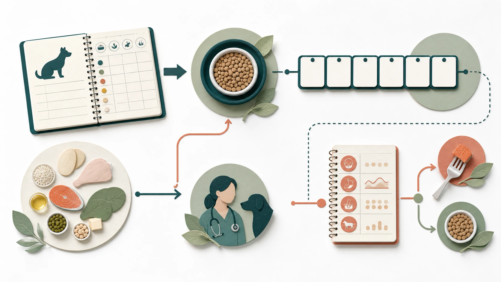 Editorial diet-trial pathway shows baseline, complete food history, exclusive trial, symptom log, recheck, and supervised challenge.