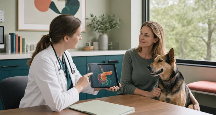 Veterinarian reviews pancreatic function test results and a digestion diagram with a dog owner while the dog waits calmly.