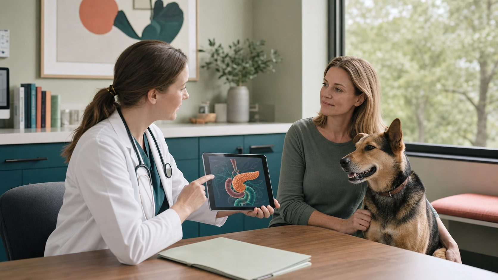 Veterinarian reviews pancreatic function test results and a digestion diagram with a dog owner while the dog waits calmly.