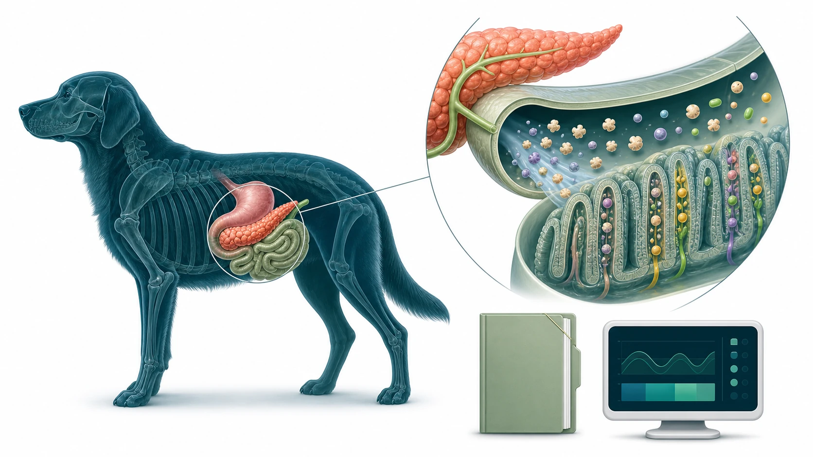 Scientific illustration maps pancreas enzyme release, small-intestinal digestion, nutrient absorption, and the diagnostic checkpoint for insufficiency.