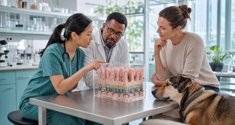 Veterinary researcher and clinician study a canine intestinal barrier model while a dog owner listens in a university clinic.