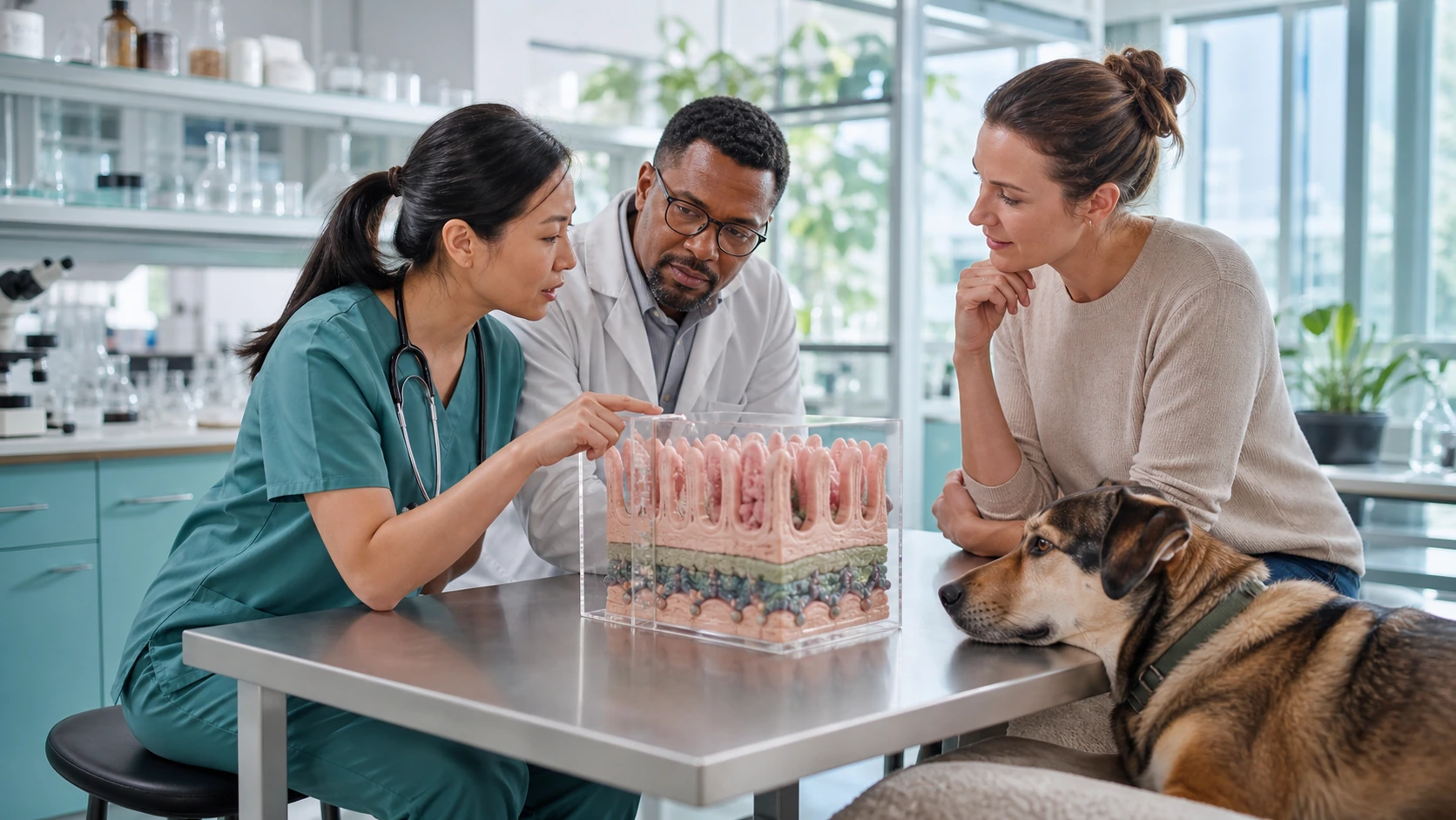 Veterinary researcher and clinician study a canine intestinal barrier model while a dog owner listens in a university clinic.