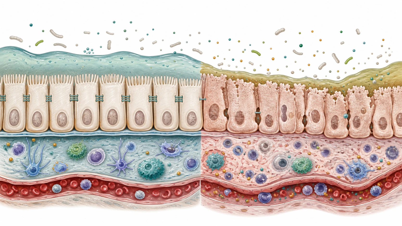 Scientific cross-section of canine intestinal lining distinguishes mucus, epithelial cells, tight junctions, immune tissue, and bloodstream.
