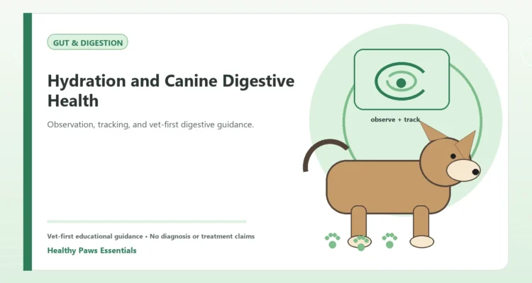Custom Healthy Paws Essentials illustration for Hydration and Canine Digestive Health, showing a dog and a vet-first care planning concept.