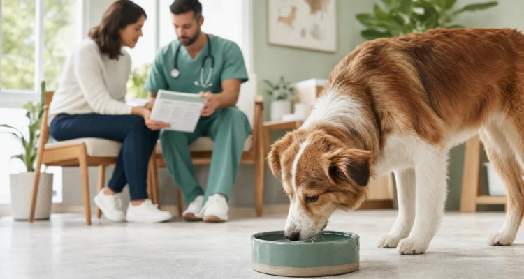 Dog drinks calmly after an examination while a veterinarian reviews hydration findings with the owner in a bright clinic.