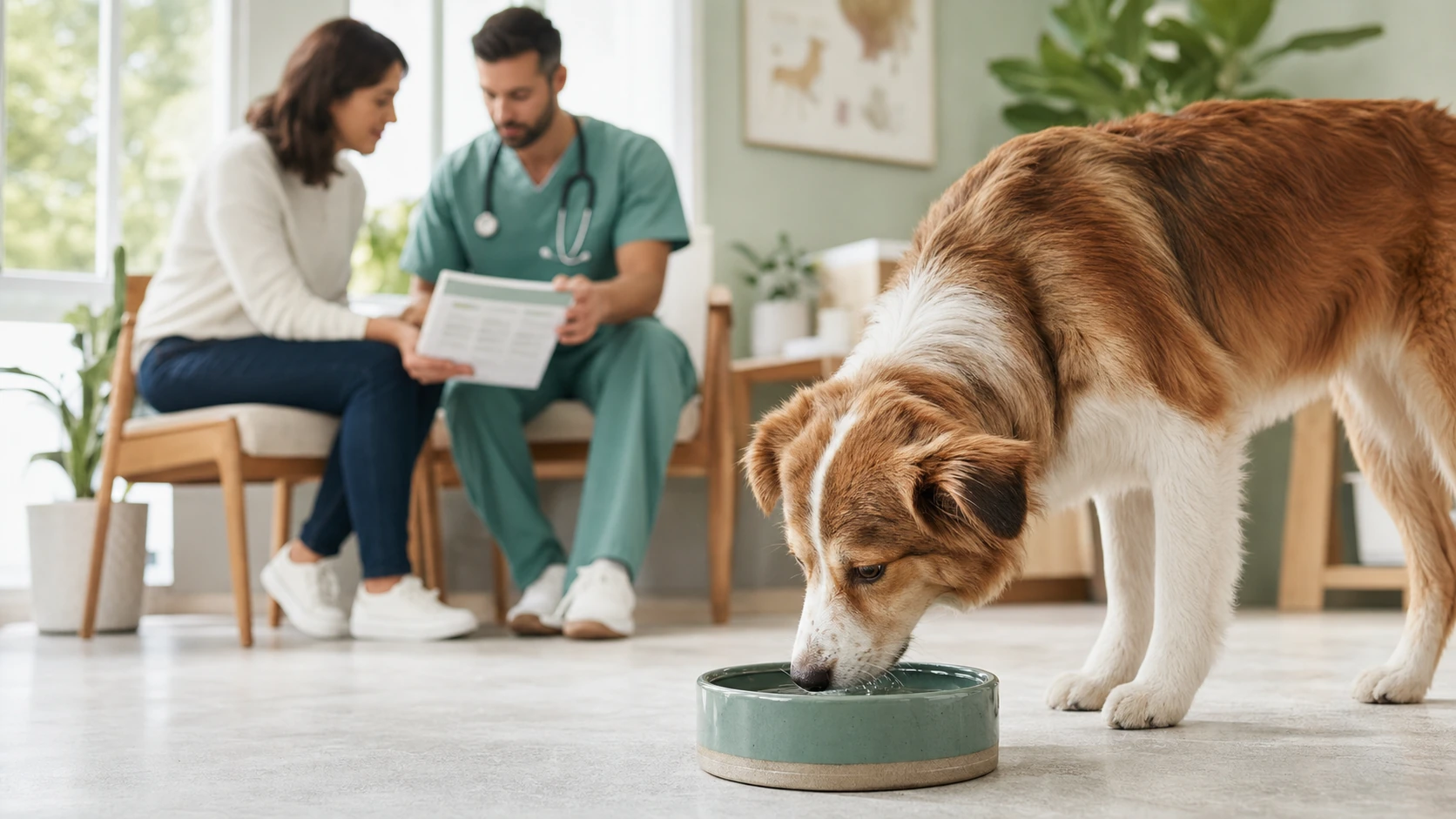 Dog drinks calmly after an examination while a veterinarian reviews hydration findings with the owner in a bright clinic.