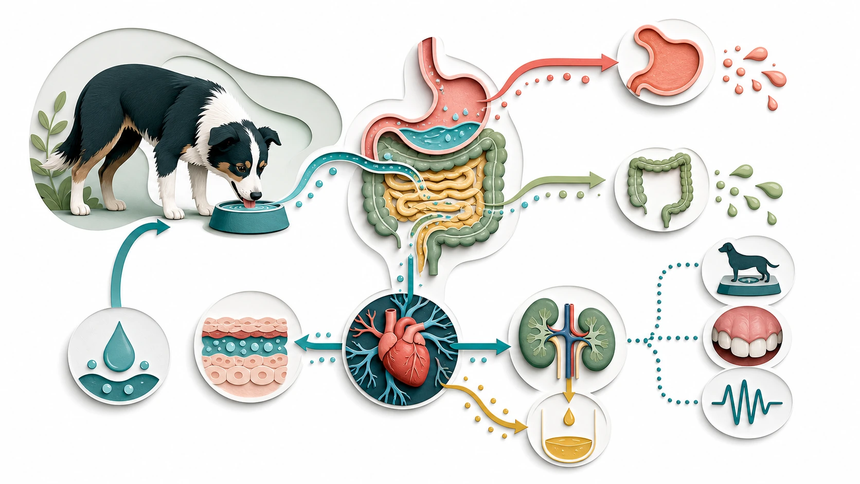 Clinical hydration map connects drinking, gastrointestinal absorption, vomiting and diarrhea losses, circulation, kidneys, and monitoring.