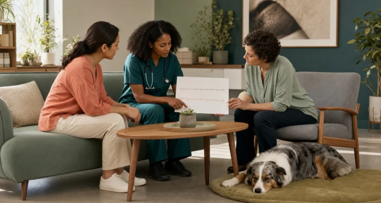 Veterinarian and credentialed behavior professional review a dog's stress and digestive timeline with the owner while the dog rests in a choice-based consultation space.